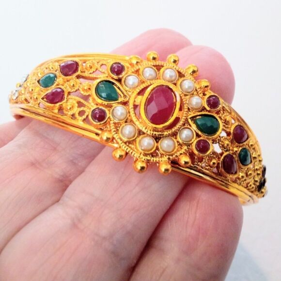 Eastern Inspired Gold Tone Rhinestone and Faux Pearl Cuff Bracelet - Picture 4 of 6